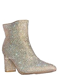 Forever Women Rhinestone Block Chunky Heel Ankle