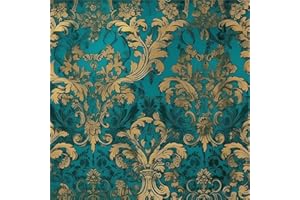 Teal Green Gold Damask Flower Vintage Peel and Stick Wallpaper Contact Paper Vinyl Stick on Wall Paper for Bedroom Bathroom K