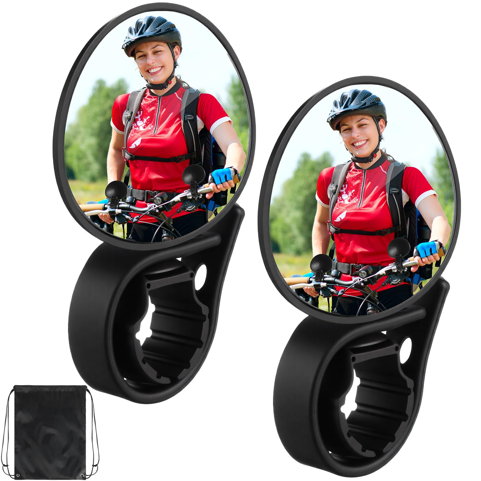 Photo 1 of Hestya 2 Pack Bike Handlebar Mirror 360° Adjustable Rotatable Universal View Bicycle Mounted Mirror with Storage Bag Bicycle Accessories Shockproof Acrylic Convex for Mountain Road Bike