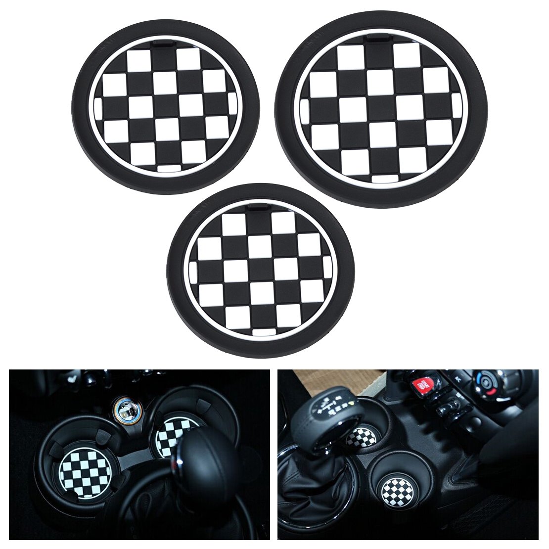 beler 3pcs Car Cupholder Mats Anti-Slip Cup Pads (Chess Patten)