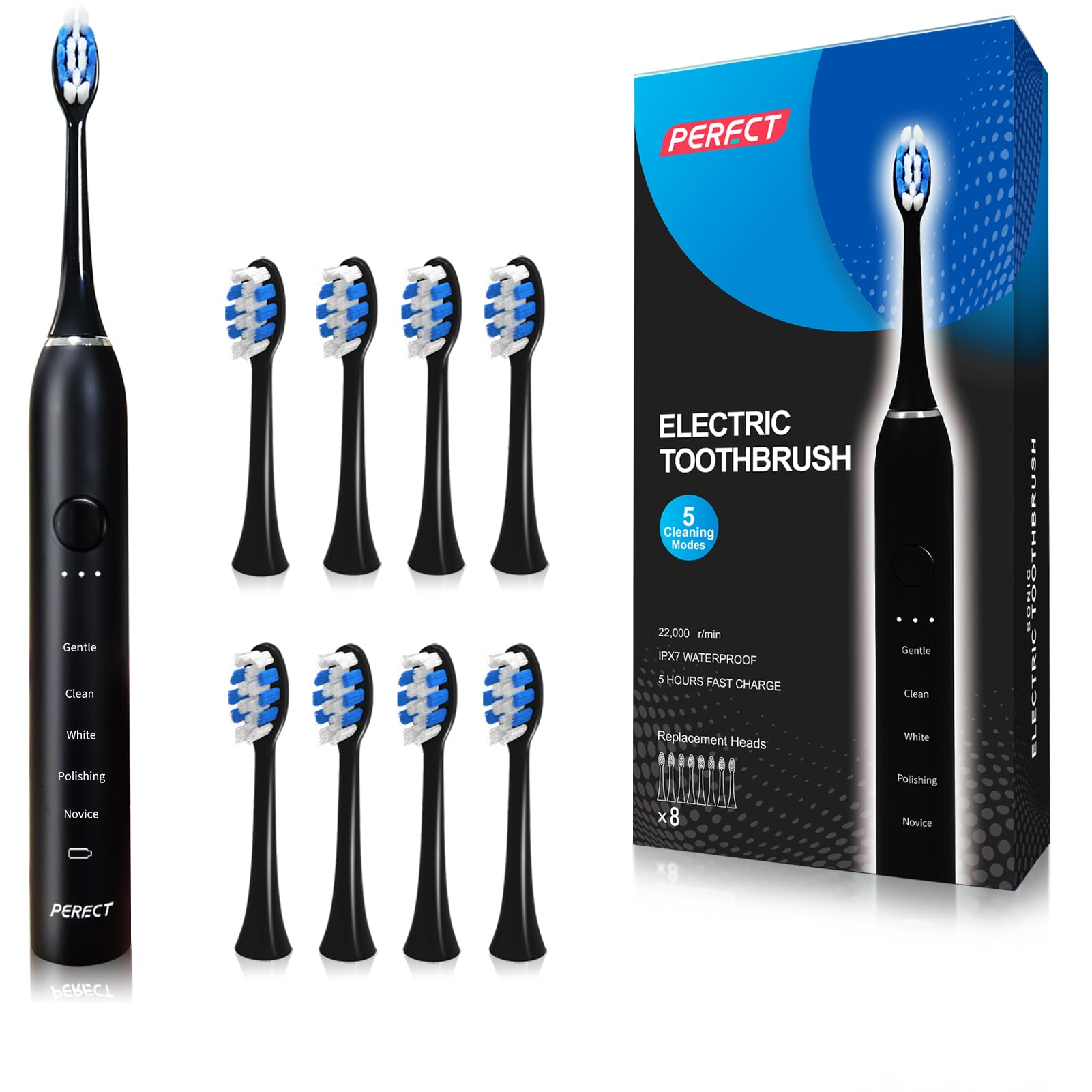 PERECT Ultrasonic Electric Toothbrush Adults with 8 Brush Heads, 5 Modes Electric Toothbrush, Travel Rechargeable Power Toothbrush with Smart Timer &Travel Case & Soft Picks, IPX7 Waterproof, Black