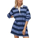 AIHUKOCY Women Striped Lapel V Neck Long Sleeve Mini T Shirt Dress Collar Contrast Short Dress Casual Stripe Fall Polo Dress