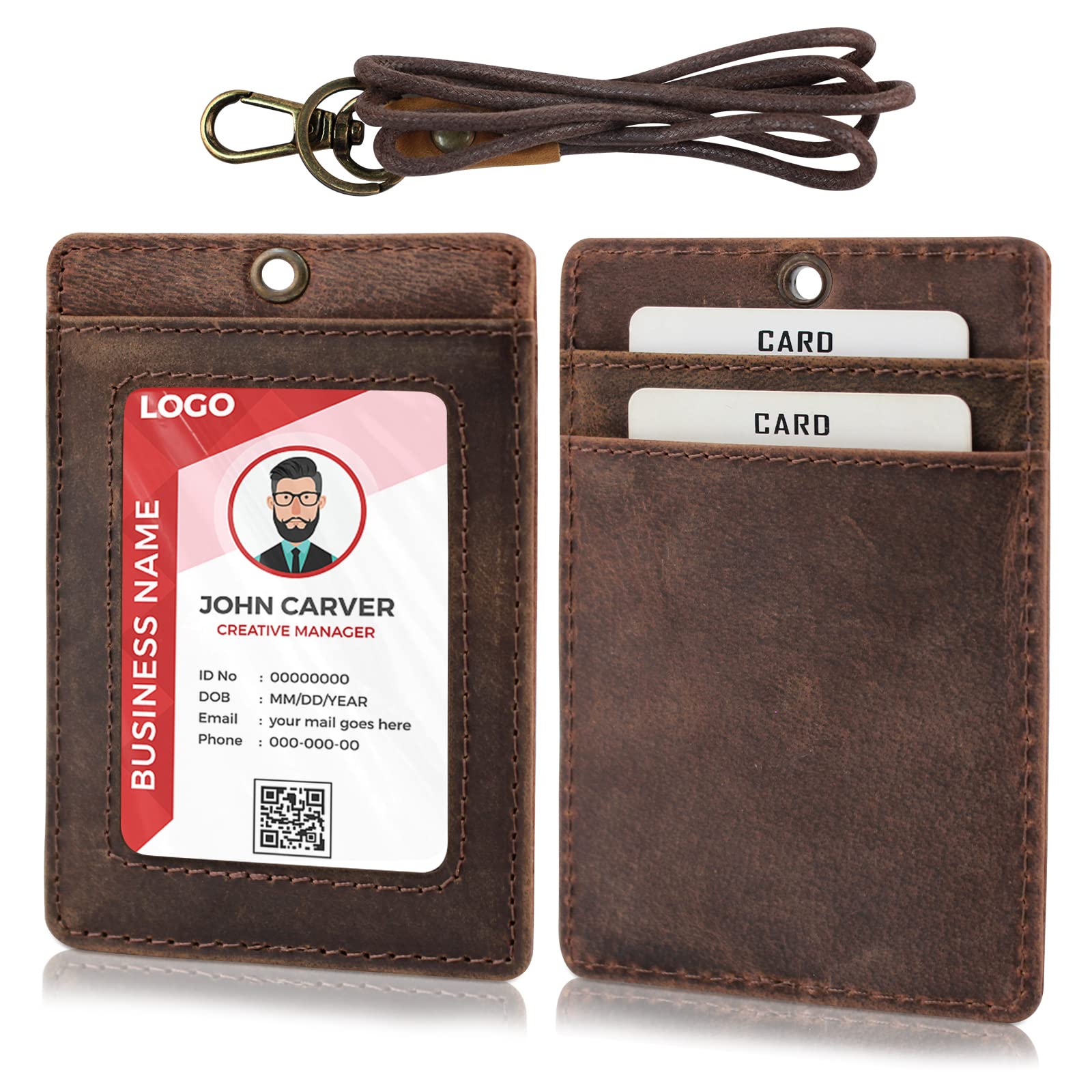 Boshiho Vertical Style Cowhide Leather ID Card Badge Holder with Heavy Duty Lanyard (Genuine Leather Dark Brown)