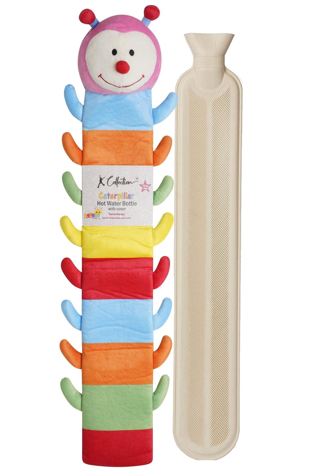 Extra Long Hot Water Bottle – Super Soft Novelty Plush Cover – Natural Rubber 2L Capacity – 72cm Long – Perfect for Pain Relief on Aches or Injuries (Caterpillar)