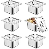 6 Pack Hotel Pans with Lid, 1/6 Size Steam Table Pan Set for Food, 4 Inch Deep Commercial Catering Pan Stainless Steel Table Steam Pans for Hotel, Buffet, Restaurant and Party