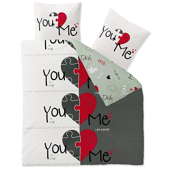 CelinaTex Fashion Bettwäsche 3tlg 200 x 200 cm Baumwolle Bettbezug Set 80 x 80 cm Kissenbezug 5000427 Du & Ich weiß grau rot 