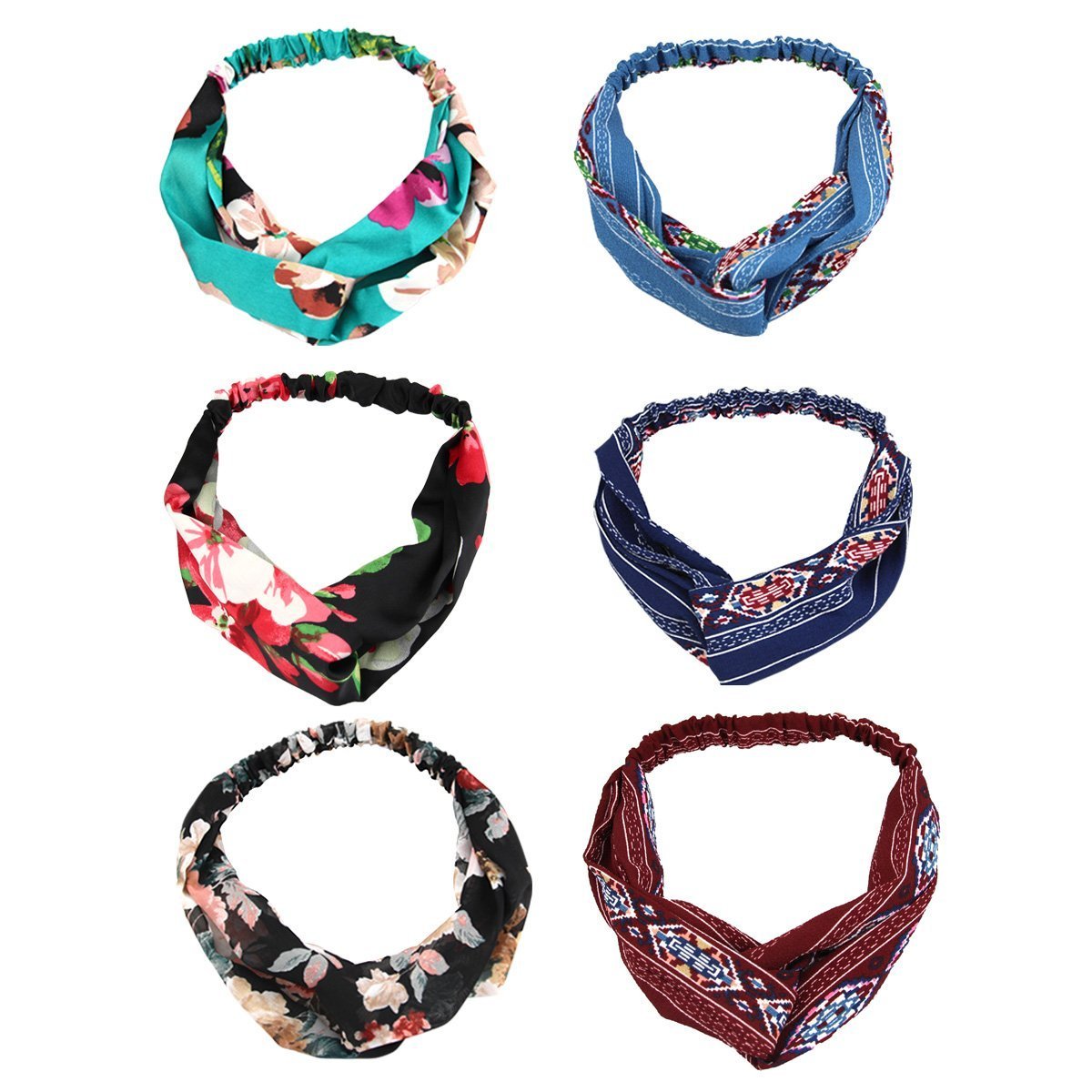 Beautyer 6Pcs Women Headband High Elastic Head Wrap Classical Retro Style Printed Twisted Hair Bands (6pcs)
