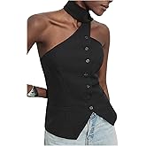 MakeMeChic Women's Backless Halter Tops Button Down Sleeveless Vest with Scarf
