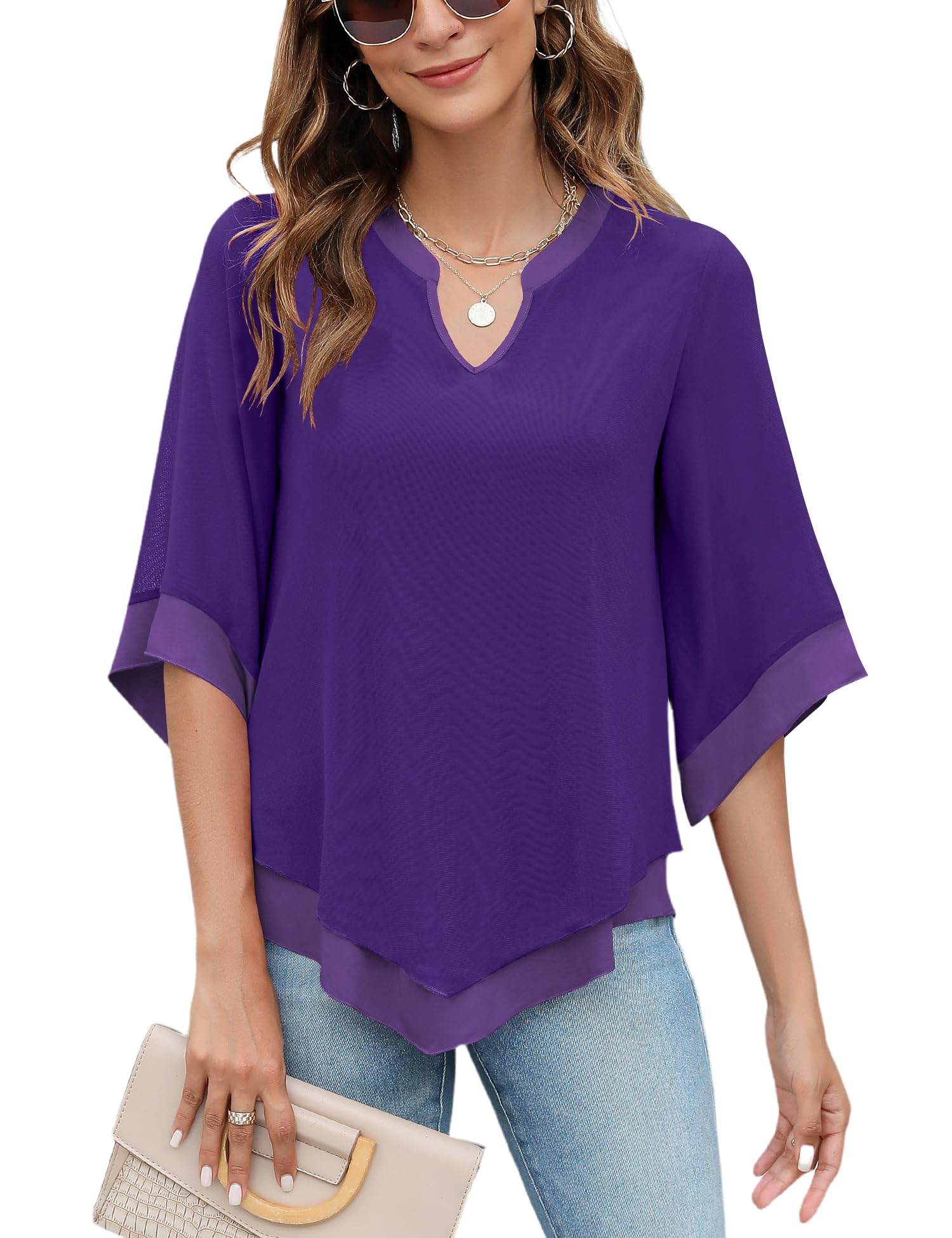 Photo 1 of Micoson 3/4 Length Sleeve Womens Tops Casual Chiffon Blouse Tops V Neck Loose Fit Blouses Shirts Purple
