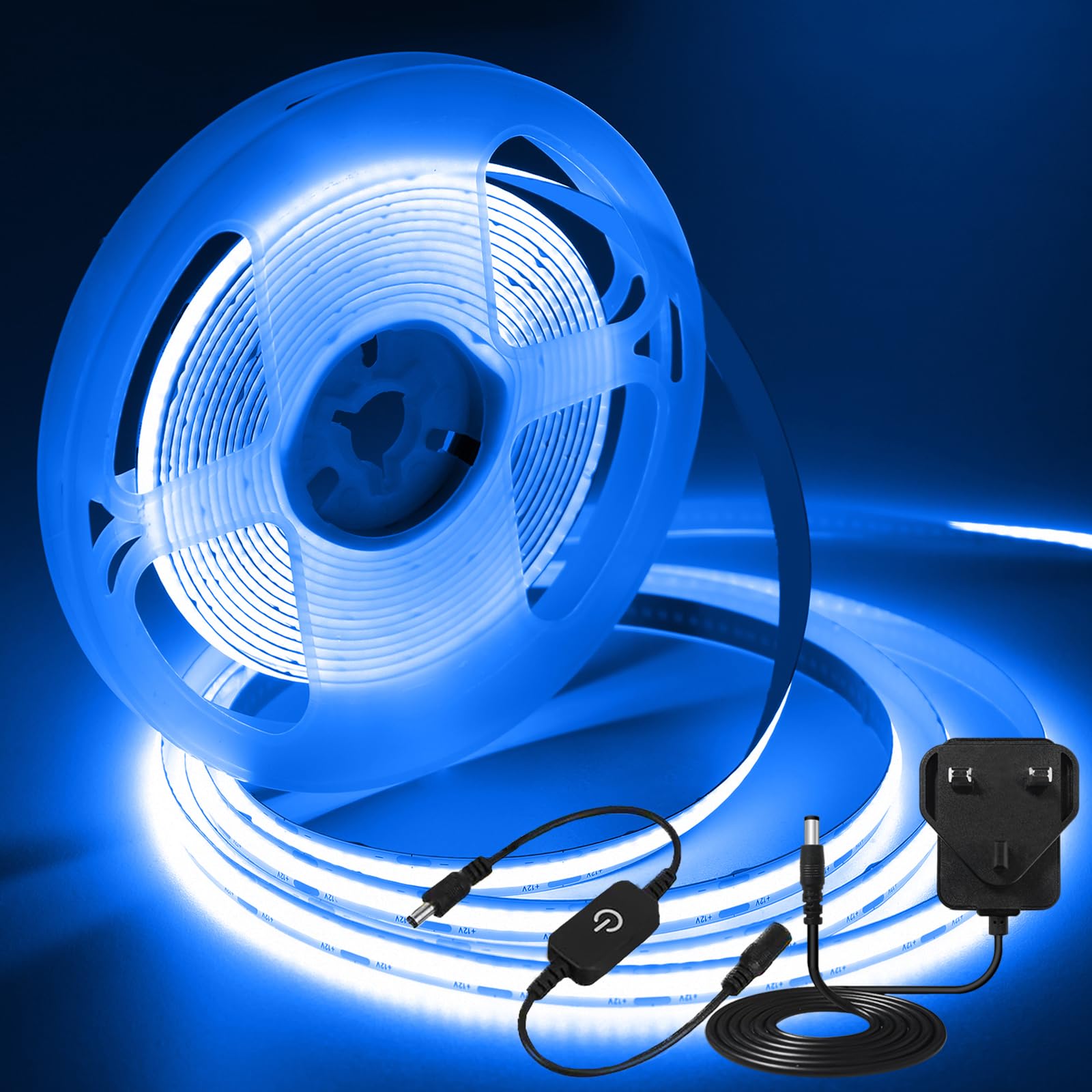 iNextStation 5M Blue COB Strip Light, 12V LED Tape Lights with Plug, CRI93+ Super Bright Cuttable Dimmable Light Kit for Gaming Room Monitor Bedroom TV Backlight Garage Wall Bar Cabinet Ambient Decor