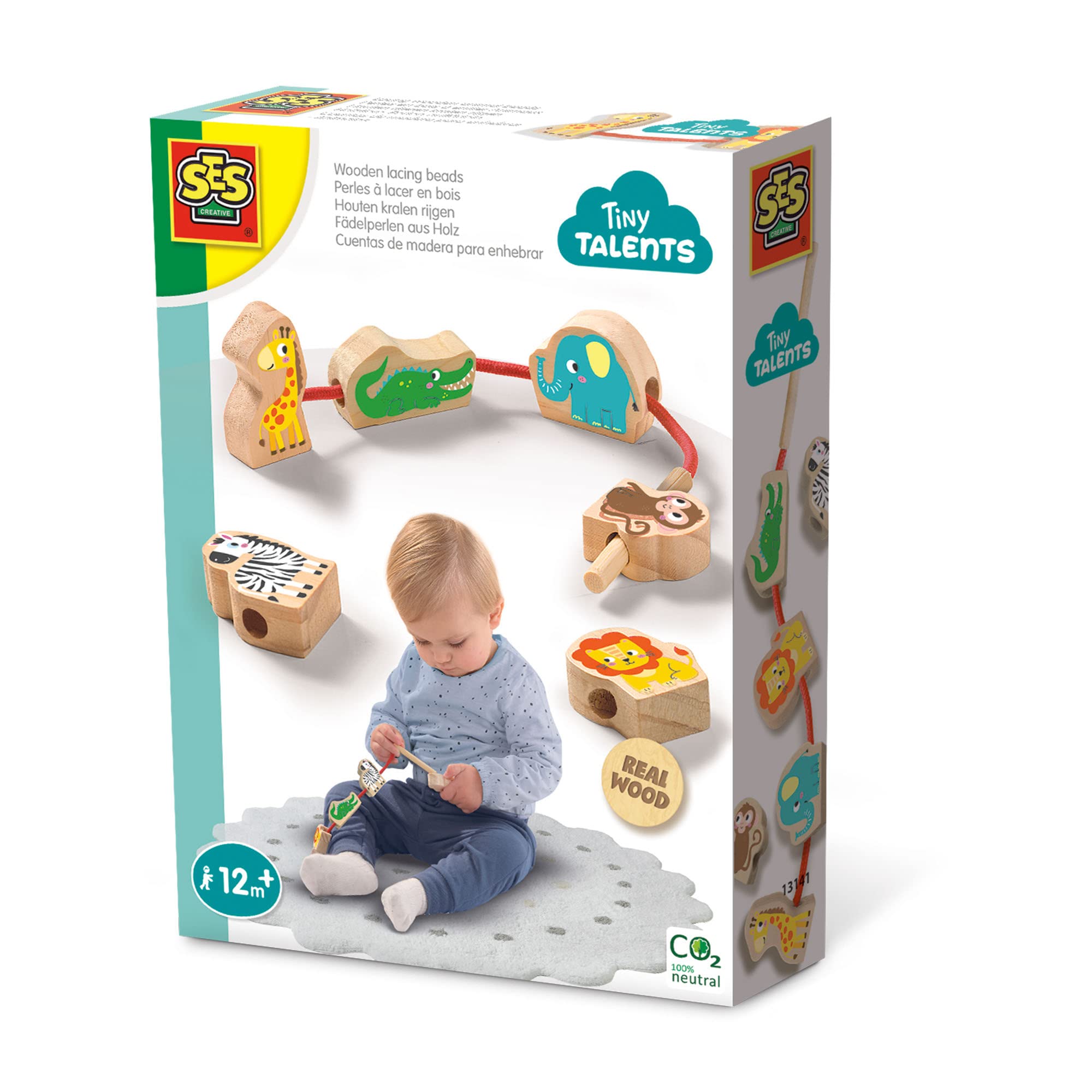 SES Creative 13141 Wooden Lacing Beads - Animals - The Length of The Thread Allows Children to use it Safely; Age 12m+