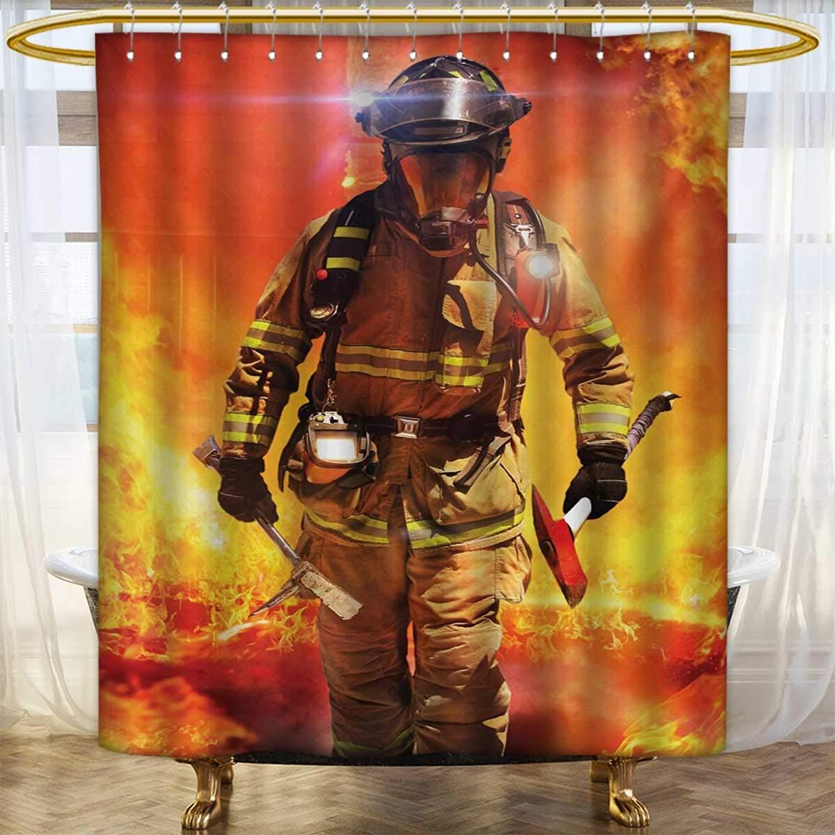 Lacencn Fireman Shower Curtains Fabric Firefighter Figure In A Building On Fire Searching For Survivors Emergency Services Fabric Bathroom Decor Set With Hooks Multicolor Size W66 X L72 Inch Amazon Co Uk Kitchen Home