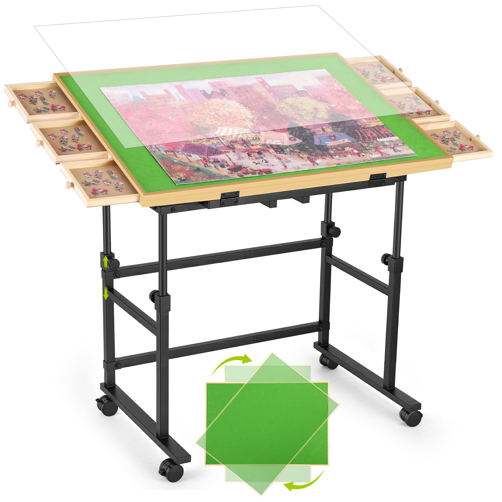 Photo 1 of 1500 Piece Jigsaw Puzzle Table with Metal Lazy Susan, Rotating Adjustable Height Puzzle Desk with Legs for Adults, 4-Tilting-Angle Portable Wooden Game Board with 6 Drawers & Cover