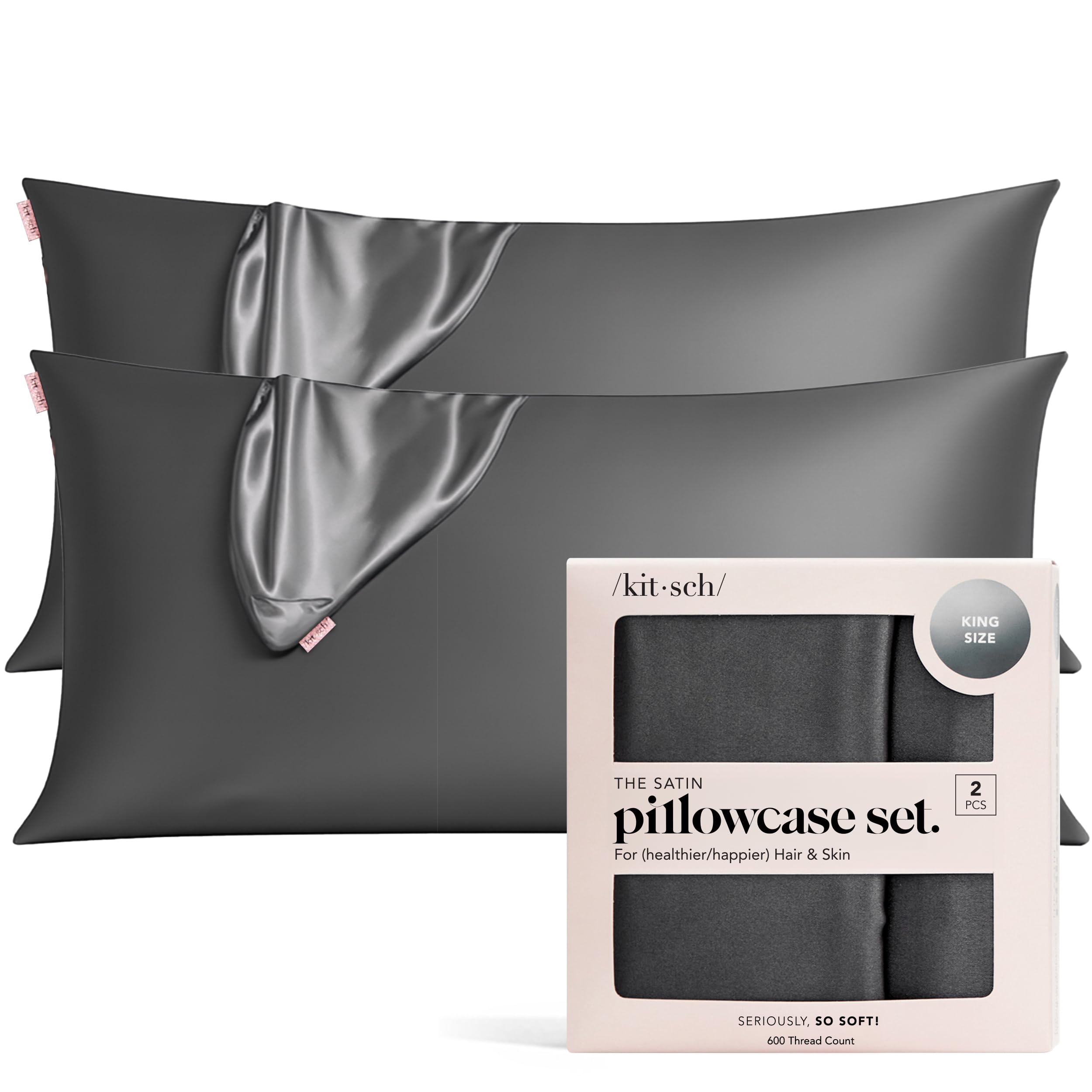 Kitsch 100% Satin Pillowcase with Zipper, Softer Than Silk Pillowcase for Hair & Skin, Cooling Pillow case, Satin Pillow Case Cover (King (2 Pack), Charcoal)