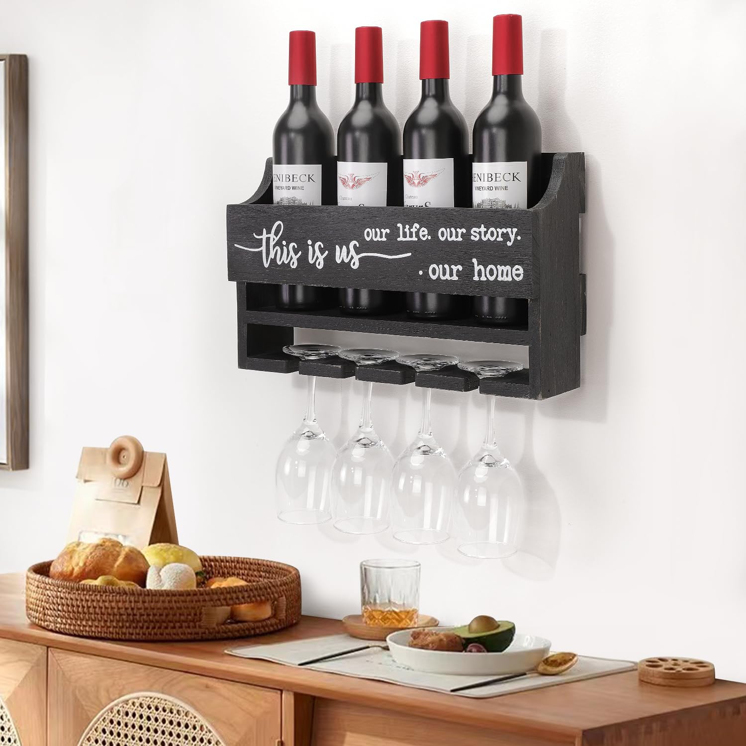 AOAOPQ Wall Mounted Wine Rack Wall Hanging Wine Holder Mail Rack Wine Storage Organizer for Kitchen Pantry Dining Room Bar Wine Cellar Rustic Black