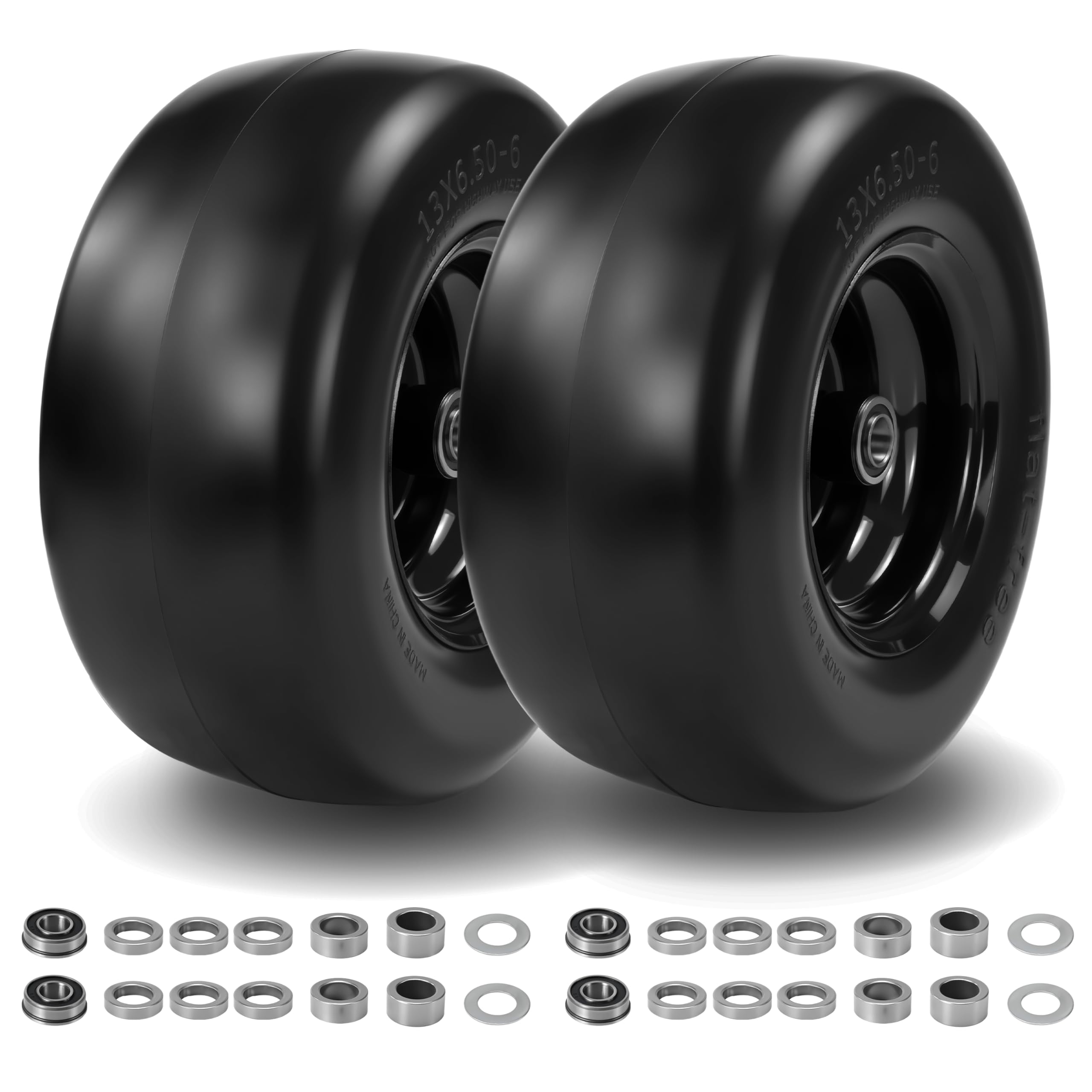 Photo 1 of 2 Pcs 13×6.50-6 Flat Free Lawn Mower Tires and Wheels, with 3/4" & 5/8" Bearing, 13x6.50-6 Zero Turn Mower Front Tires for Commercial Garden Lawn, 4"- 8.2" Centered Hub