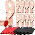 TKDMR 10pcs 1/0 AWG-5/16 Battery Lugs,Heavy Duty Wire Lugs,Ring Terminals,Battery Cable Ends,0 Guage terminals,Battery Terminal Connectors with 10pcs 3:1 Heat Shrink Tubing
