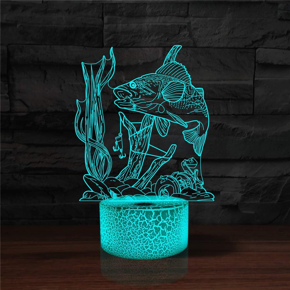 YKLWORLD 3D Fishing Lamp Illusion Night Light LED Fish Desk Table Lamps 7 Color Change Touch Control USB Charging/Battery Power Visual Lights Home Bedroom Decor for Men Fishing Lover Birthday Gifts