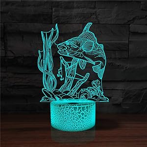 YKLWORLD 3D Fishing Lamp Illusion Night Light LED Fish Desk Table Lamps 7 Color Change Touch Control USB Charging/Battery Power Visual Lights Home Bedroom Decor for Men Fishing Lover Birthday Gifts