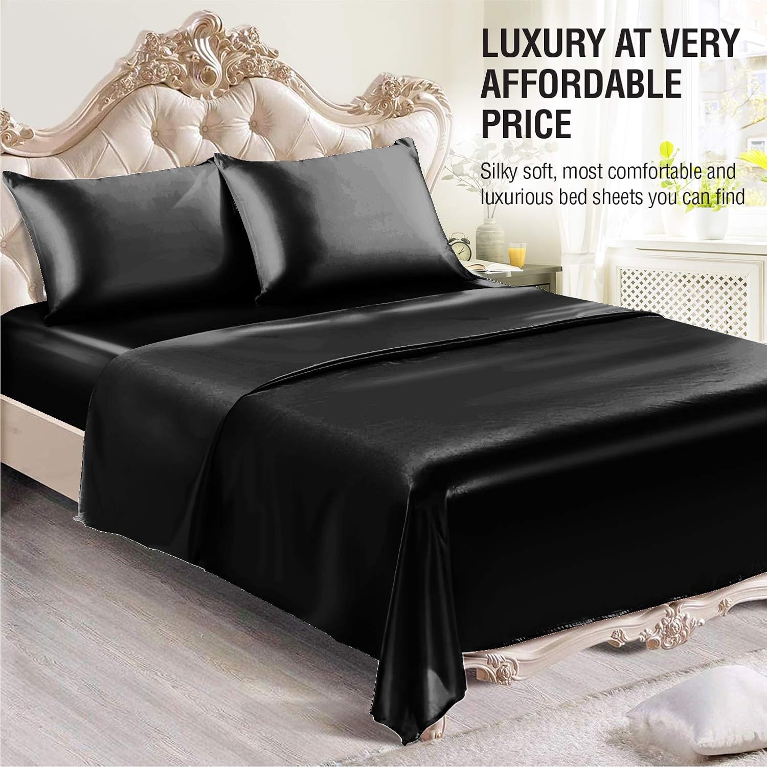 Satin Sheets Queen Size (4 Pieces, 5 Colors), Silky Satin Sheet Set -Satin Bed Set with 2 Pillowcase, Satin Fitted Sheet - Black Satin Sheets, Satin Bed Sheets Queen Set, Satin Bedding Set: Home & Kitchen