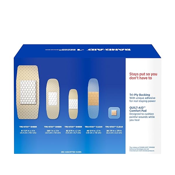 BAND-AID BRAND ADHESIVE BANDAGES FAMILY VARIETY PACK, SHEER & CLEAR FLEXIBLE STERILE INDIVIDUALLY WRAPPED BANDAGES FOR FIRST AID WOUND CARE FOR MINOR CUTS & SCRAPES, ASSORTED SIZES, 280 CT