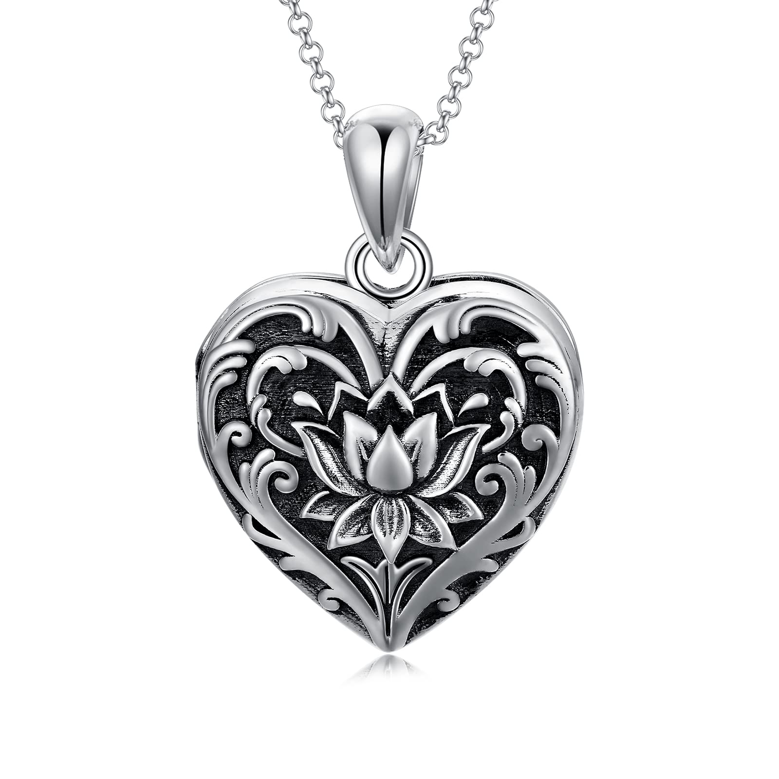 SOULMEET Personalized Lotus Flower Sterling Silver Locket Necklace That Holds Pictures Photos Heart Shaped Locket Jewelry Gift for Women Girls