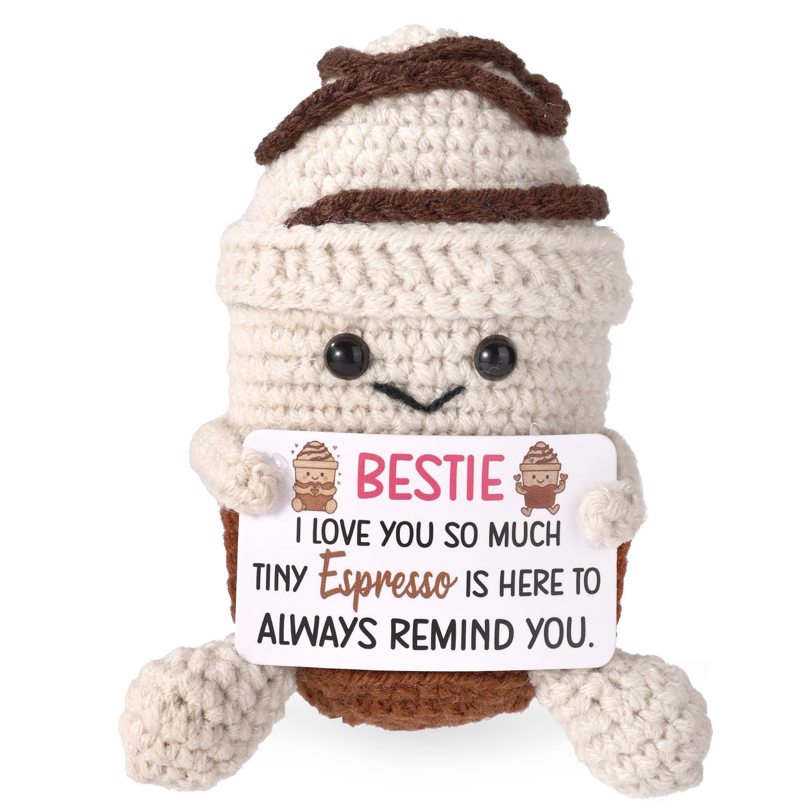 Small Knitted Coffee Cup, Handmade Yarn Crochet Coffee Doll with Bestie Card Encouragement Motivational Cute Knitted Toy for Birthday Emotional Support Gifts Home Desk Decoration