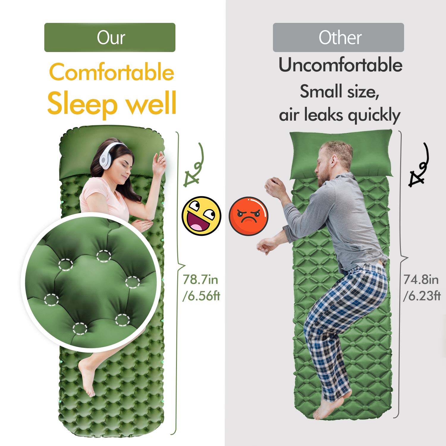 Self-Inflating Camping Pad Comfortable Camp Mat Ultralight Outdoor Foldable Lightweight Air Sleeping Bed with Siamese Innovation Separates Inflatable Pillows for Camping Beach Travelling and Hiking (Green-1pack)