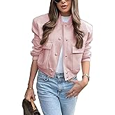 Lumister Women's Fashion Cropped Button Down Lightweight Cropped Bomber Jacket Varsity Shacket with Side Pockets