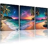 weiyiart Beach Sunset Wall Art Ocean Print Art Tropical Canvas Wall Decor 3 Panels Northern Lights Aurora Polaris Nature Landscape Painting for Modern Bathroom Living Room Bedroom Office 12"x16"x3pcs