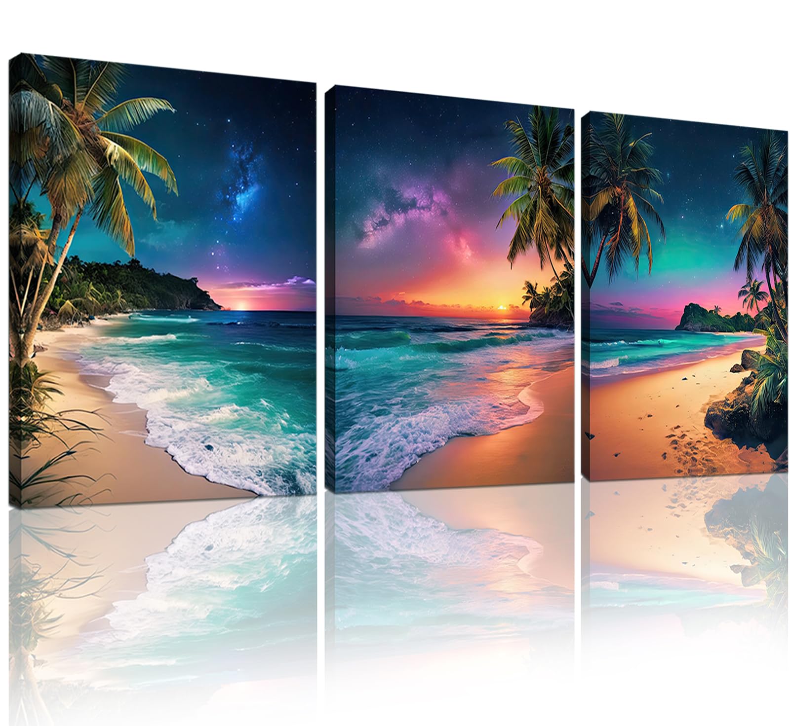 Photo 1 of Beach Sunset Wall Art Ocean Print Art Tropical Canvas Wall Decor 3 Panels Northern Lights Aurora Polaris Nature Landscape Painting for Modern Bathroom Living Room Bedroom Office 12"x16"x3pcs