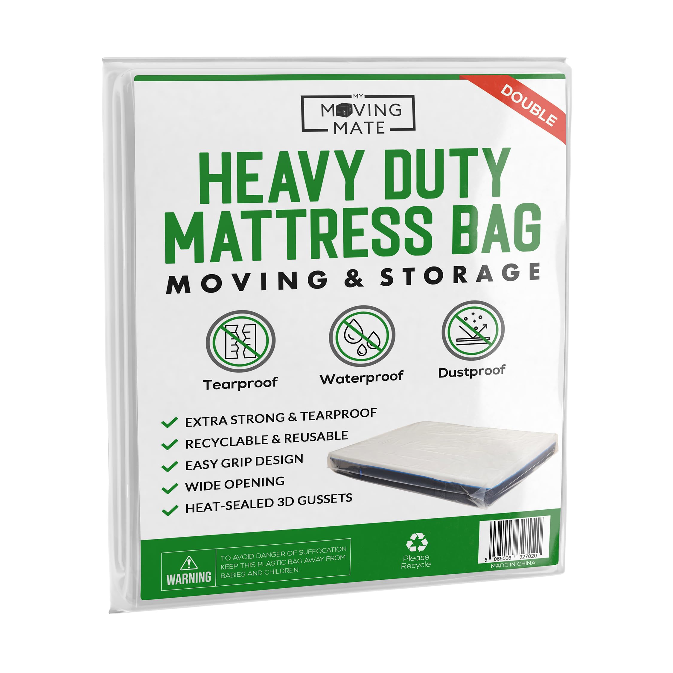 Double Mattress Bags For Moving & Storage - Heavy Duty Double Mattress Cover for Moving House & Self Store - Plastic Mattress Storage Bag Protector - Strong, Reusable, Tearproof - 4ft 6"