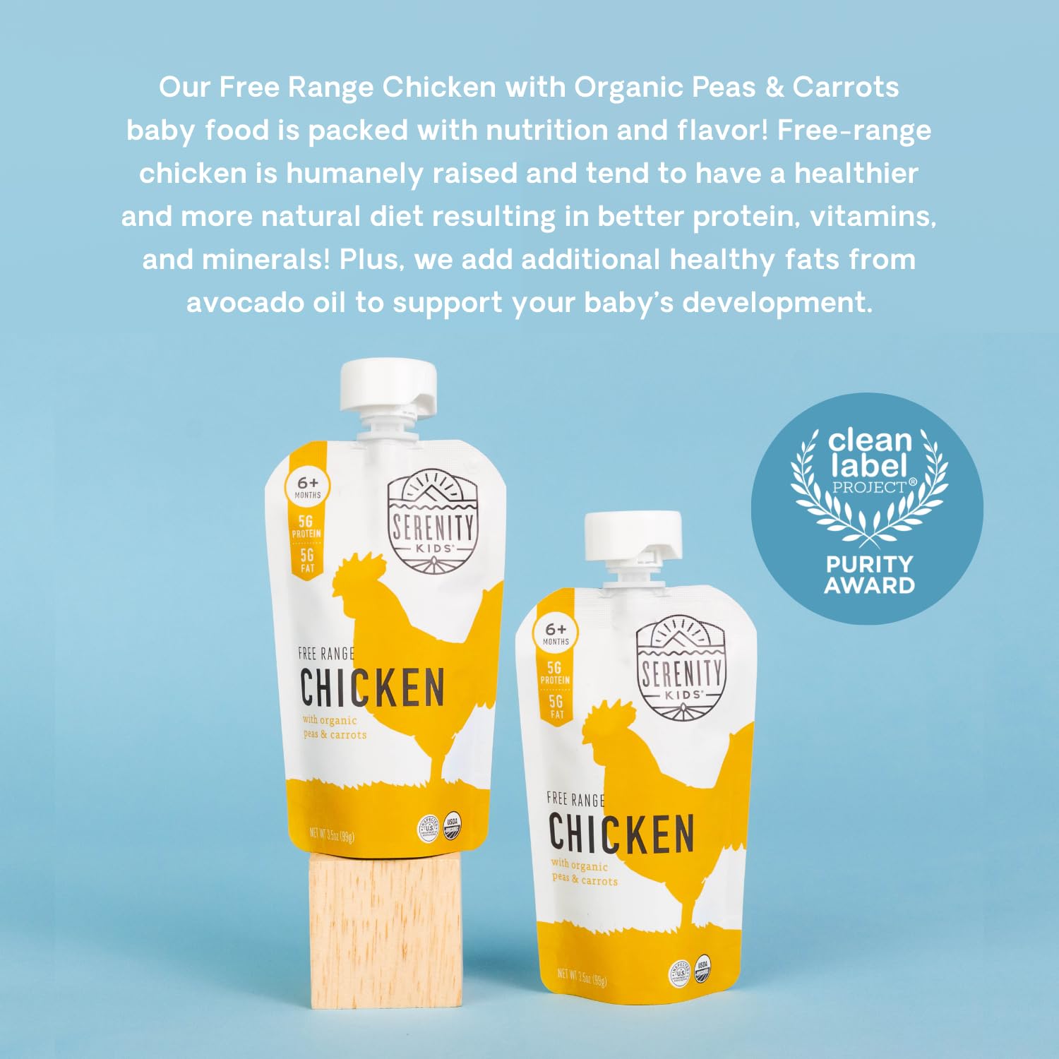 Serenity Kids 6+ Months Baby Food Pouches Chicken Puree - BPA-Free Organic Baby Food - Free-Range Chicken & Pea & Carrot - 3.5 Oz, 6 Pack