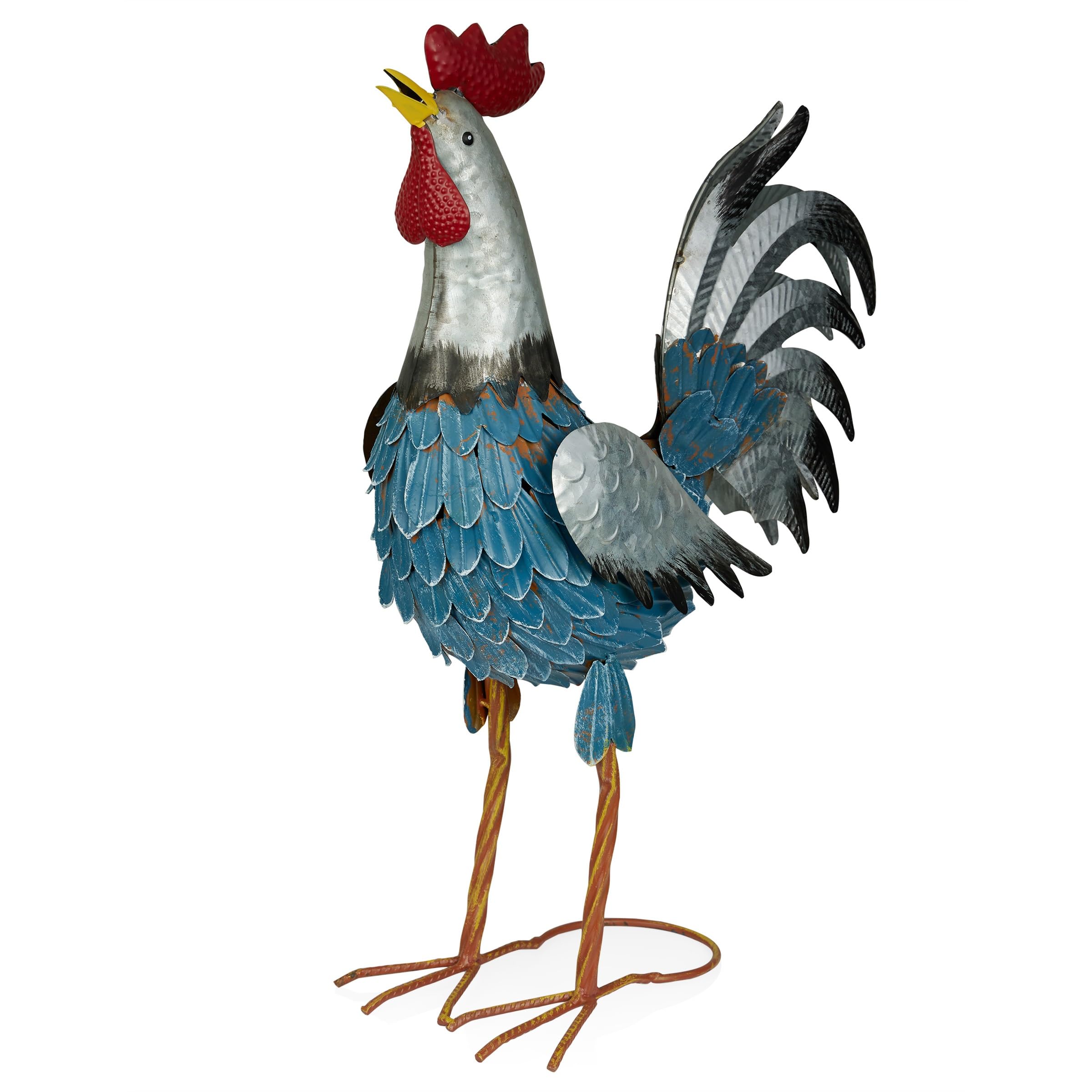 Photo 1 of Alpine Corporation JUM390 Silver Tailed Rooster Statue, Playful Outdoor Decor for Patio, Lawn & Garden, 23" H, Blue
