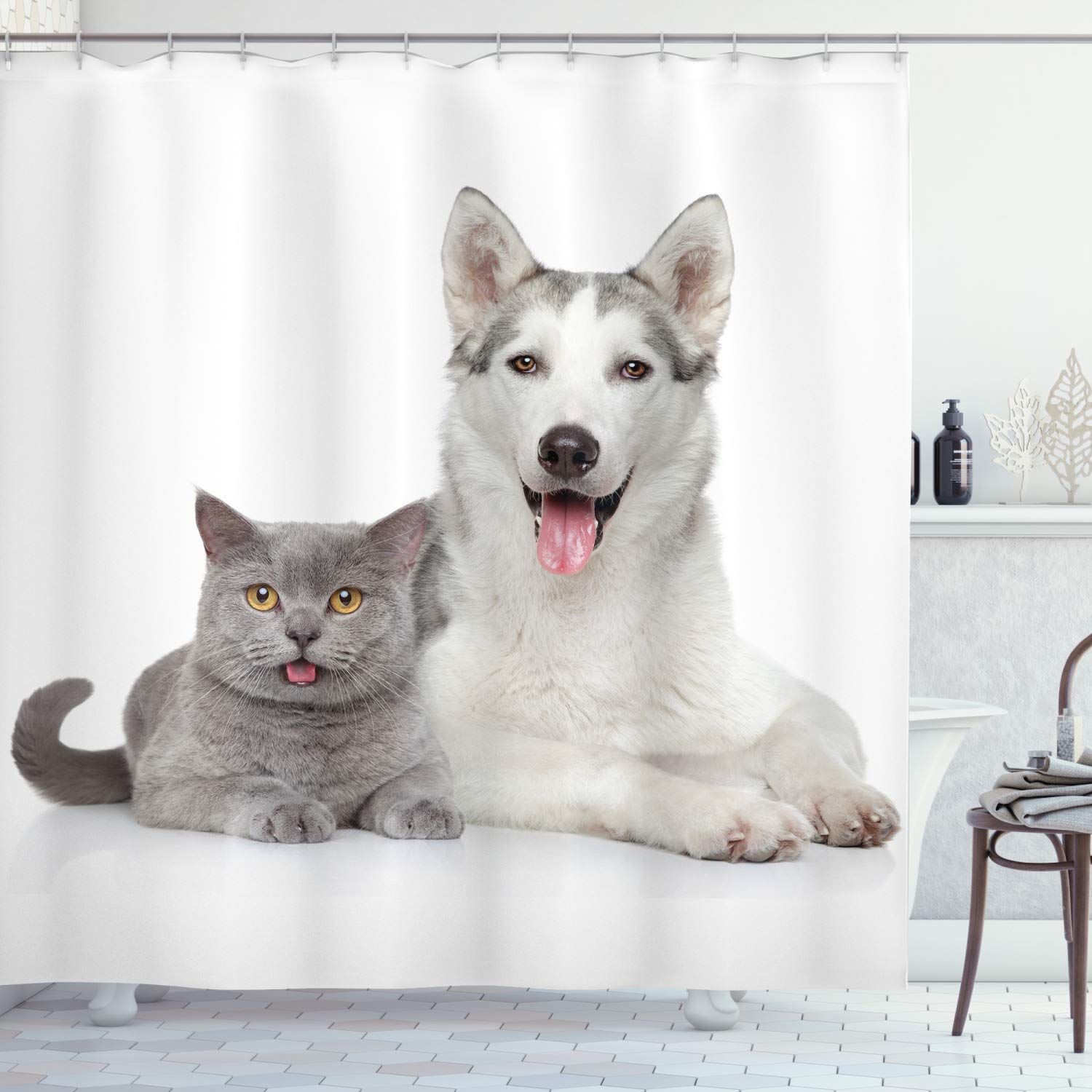 ABAKUHAUS Cat Shower Curtain, Animal Theme a Dog and a Cat Lying Together on the White Background Digital Image, Cloth Fabric Bathroom Decor Set with Hooks, 86 Inches Extra Long, White and Grey