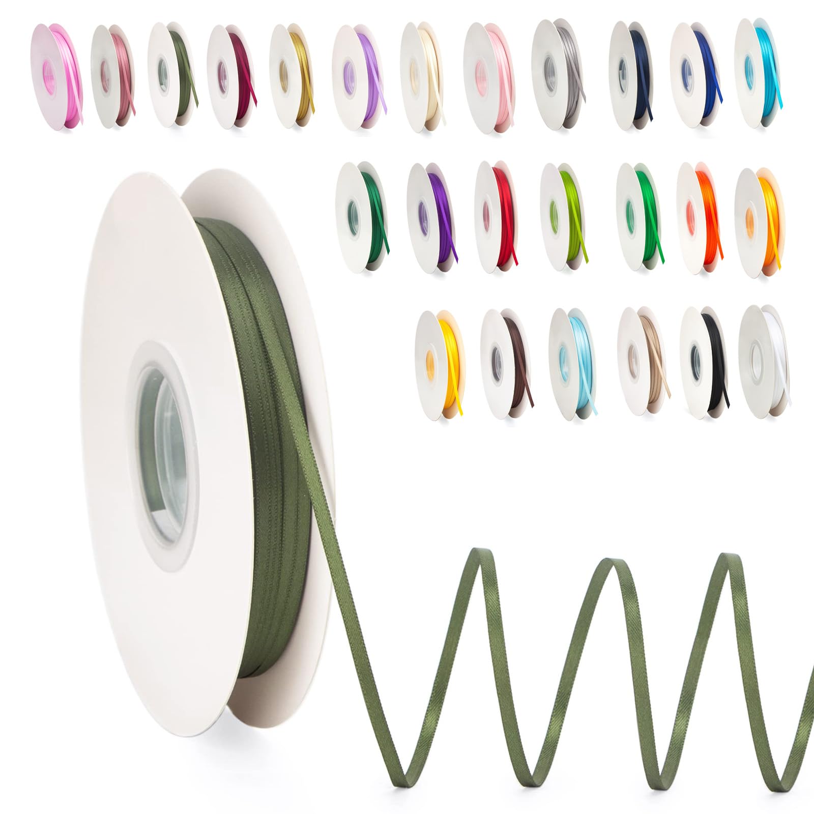 POPOYU Thin Ribbon Satin Ribbon 3mmx91m, Army Green Curling Ribbons for Crafting, Gift Wrapping, Coloured Satin Ribbon for Balloons, Sewing, Wedding, Birthday, DIY, Bouquets, Party Decoration — image 1