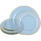 PLASTICPRO 32 Piece Combo Plastic Dinner Plates Disposable Plastic Fancy Heavy Duty Party Dishes 7 inch and 10 inch, Translucent Blue and Gold Beaded