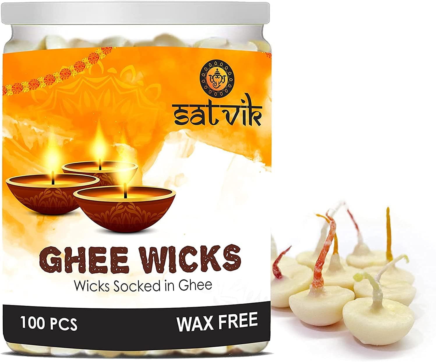 Oil Lamps & Accessories - Satvik 100 Pc Pure Ghee Wicks Readymade Pure Ghee Cotton Wicks Diya / Ghee Diya / Puja Batti for Your Daily Pujan Essential