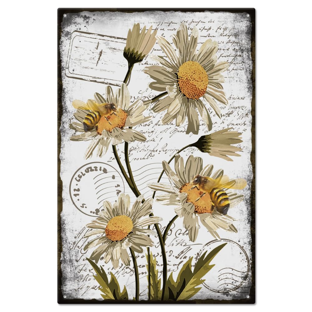 GLOBLELAND Vintage Metal Tin Sign White Daisy Flowers with Bees Retro Metal Tin Sign 8 x 12 Inch Plaque Tin Sign Wall Decor for Home Cafes Office Store Pubs Club