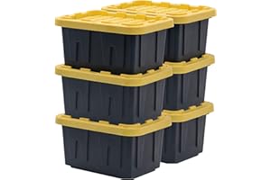 BLACK & YELLOW, 5-Gallon Heavy Duty Tough Storage Container & Snap-Tight Lid, (8.6"H x 12.3"W x 16.4"D), Weather-Resistant Design and Stackable Organization Tote [6 Pack]