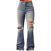 Flamingals Women's Bell Bottom Jeans Flared Ripped Stretchy Mid Rise Cut Out Distressed Denim Bootcut Jeans