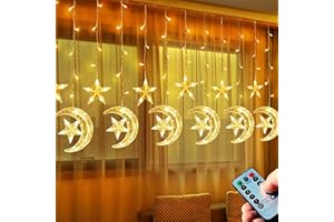 Janchs 138 LED Star Moon Curtain Lights Ramadan Decorations Lights,8 Modes USB Powered Window Curtain Fairy String Lights with Remote Control, Christmas Wedding Party Ramadan Eid Decoration for Home