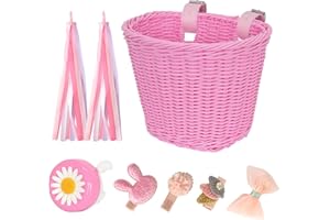 RAYMACE Kids Bike Basket Streamers Bell Set, Children's Bicycle Handlebar Basket with 4pcs Girl Hair Clips, Cute Accessories Kit for Kids' Bike, Scooter