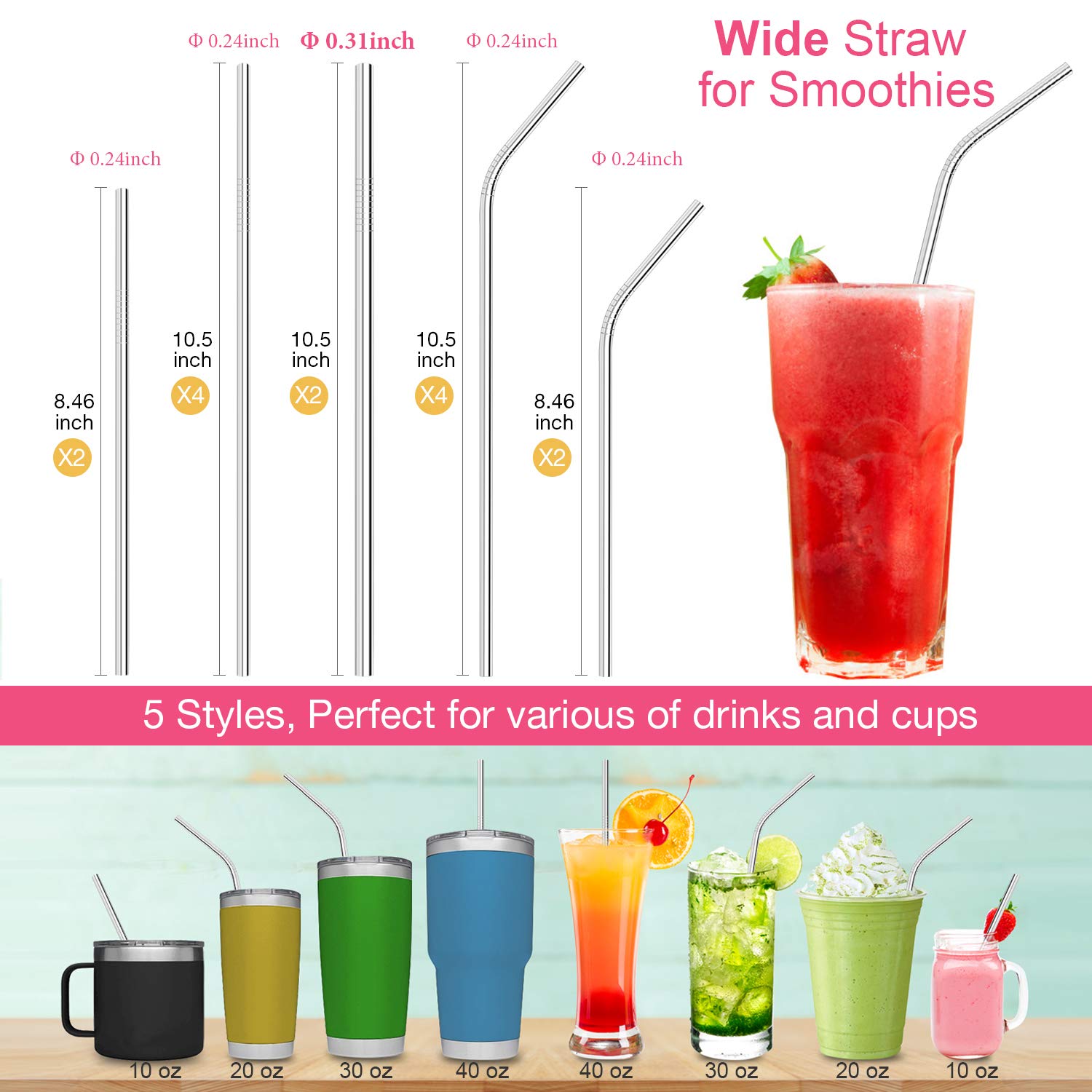 Stainless Steel Straws, GDREAMT Set of 14 Reusable Drinking Straws Ultra Long 10.5\