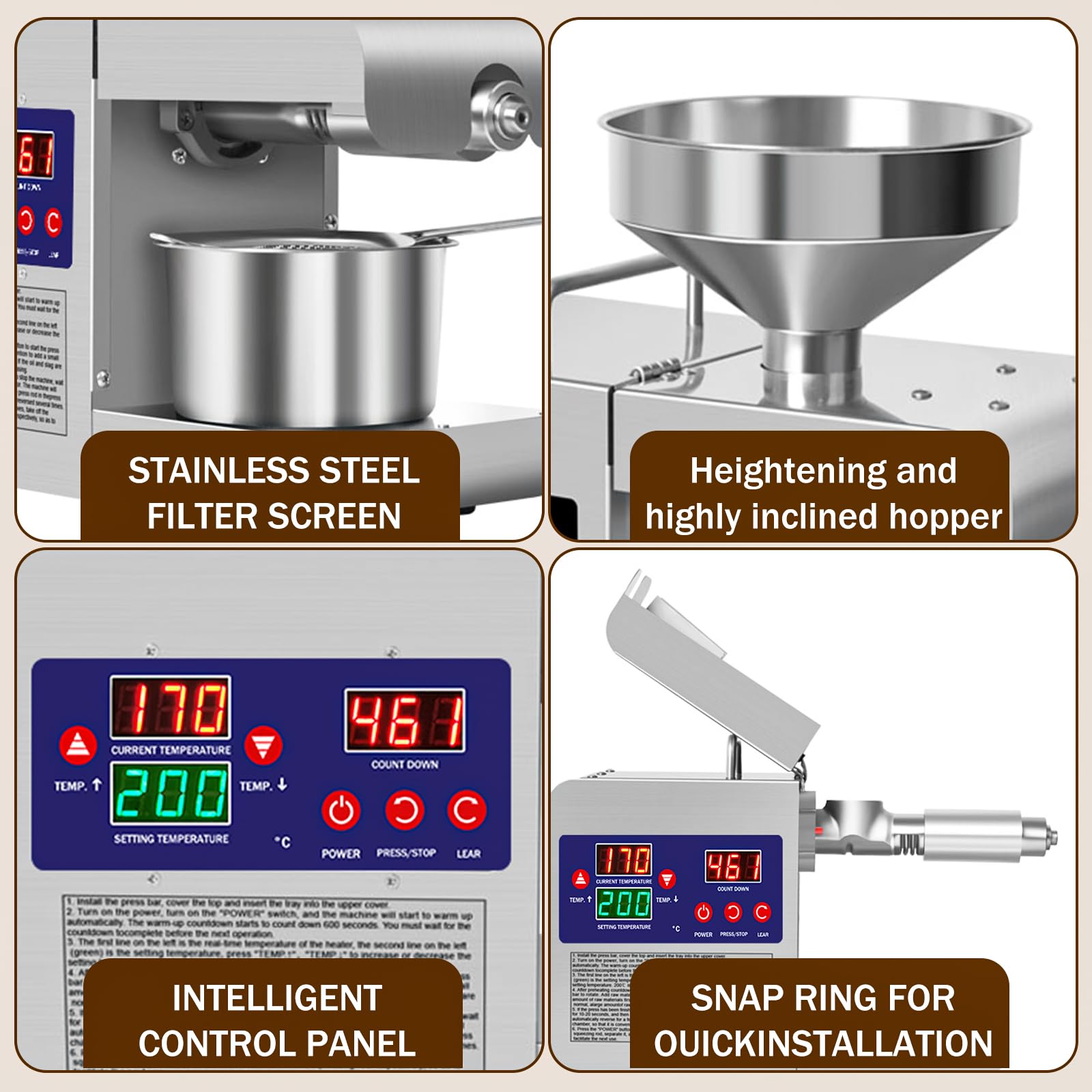 Oil Press Machine, 110V Home Commercial Automatic Oil Press Extractor, Steel Stainless Electric Cold & Hot Press Oil Expeller with LCD Diplay for Peanut Sesame Coconut Soybean Sunflower Seeds Walnuts