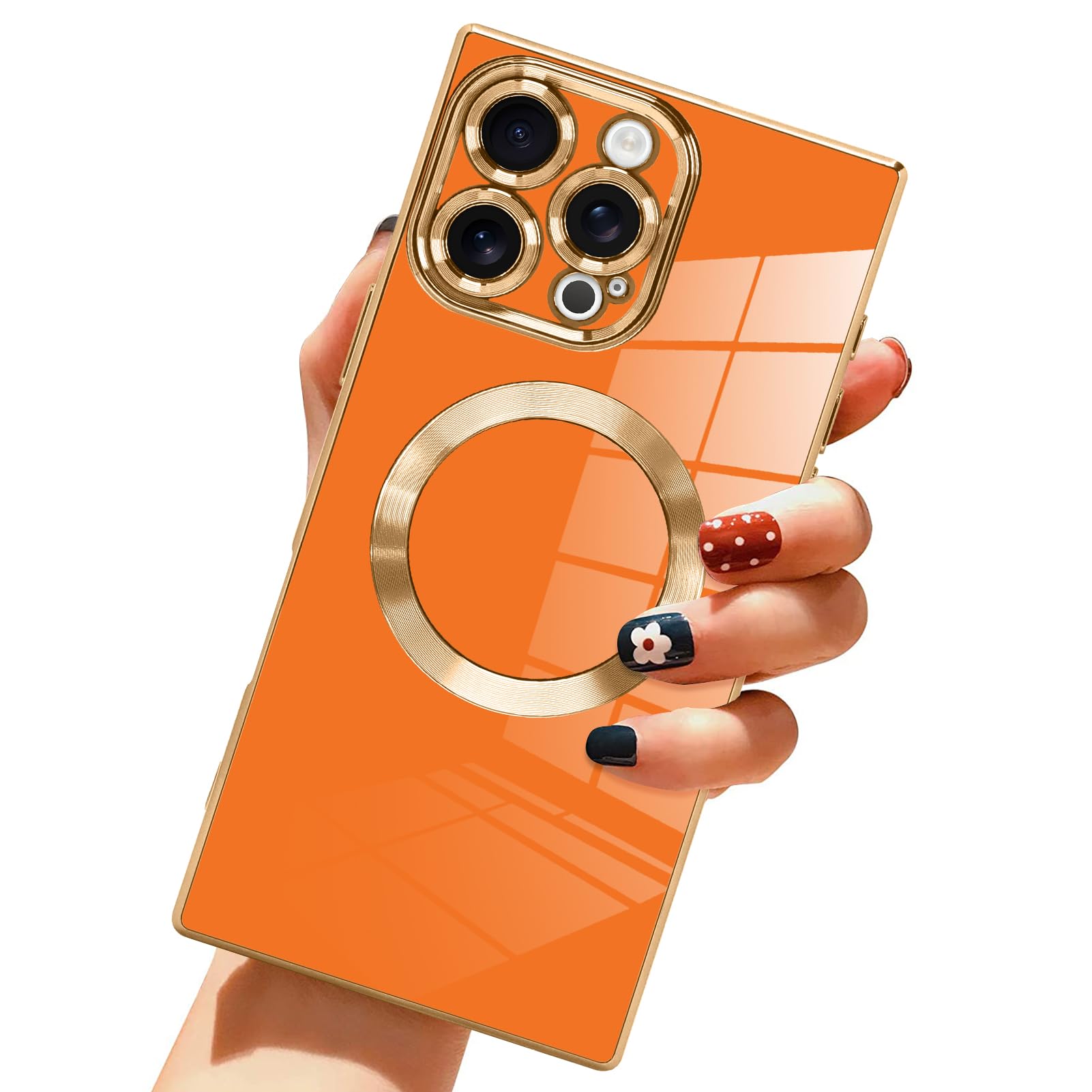 LSL Magnetic Case for iPhone 16 Pro Max [Compatible with MagSafe] Soft TPU Bumper Anti-Drop Anti-Scratch Shock Absorption Slim Luxury Plating Full Camera Lens Protective Cover - Orange