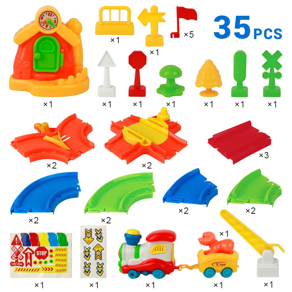 Nuheby Spielzeug Zug Autorrnnbahn Montage Spielzeug Auto Zug Verkehrsschilder Rennbahn Spiel Set für Kinder