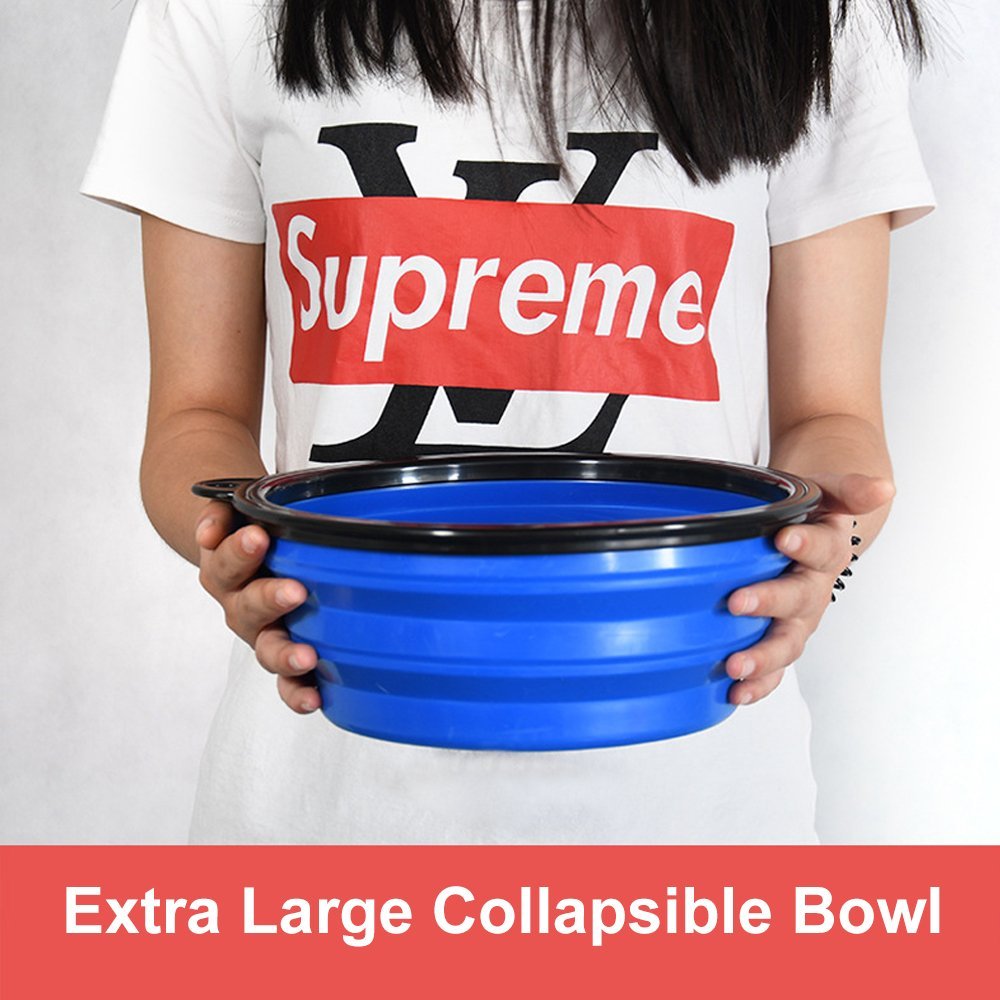 Guardians Extra Large Collapsible Dog Bowl, 102oz Portable Foldable Water Bowls Food Dishes with Carabiner Clip for Travel (Blue)