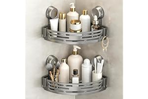 Triangle Suction Cup Shower Caddy, No-Drill Bathroom Corner Shelf with Hooks, for Bathroom, Shower (2 PCS-Gray)