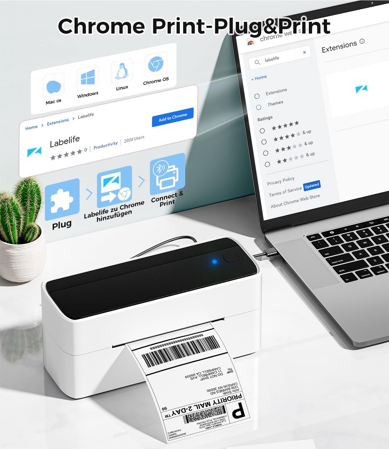 Phomemo Bluetooth DHL Etikettendrucker, Label Printer 4x6 Versandetiketten Drucker, Labeldrucker Thermodrucker für Barcode, Amazon, Etsy, Shopify, DHL, DPD, GLS, FedEx, Ohne Tinte, 241BT Schwarz-weiß 8